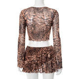 Leopard Print Skinny 2-Piece Set | Mesh Sleeve Crop Top & Ruched Skirt