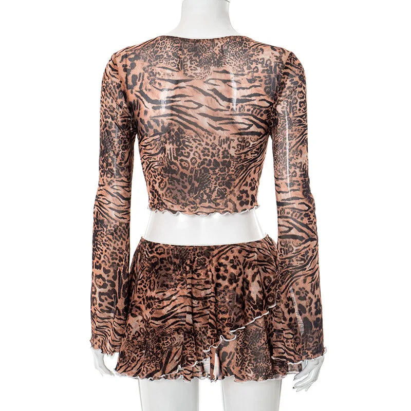 Leopard Print Skinny 2-Piece Set | Mesh Sleeve Crop Top & Ruched Skirt
