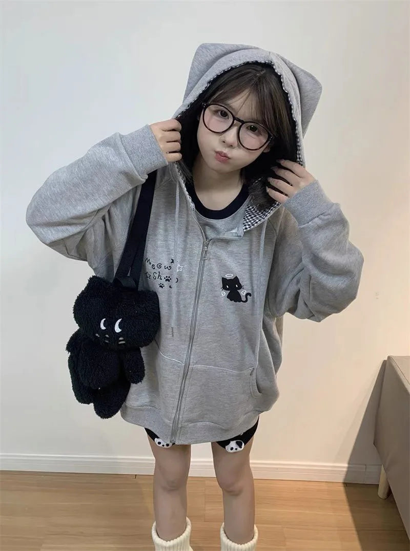 Women's Cute Cat Print Relaxed Zip-Up Hoodie