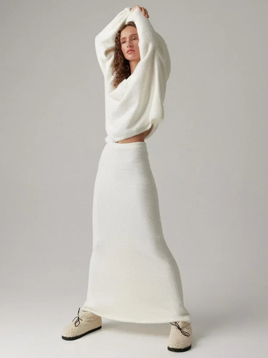 Women's V-Neck Knitted Sweater & Ankle-Length Skirt 2-Piece Set