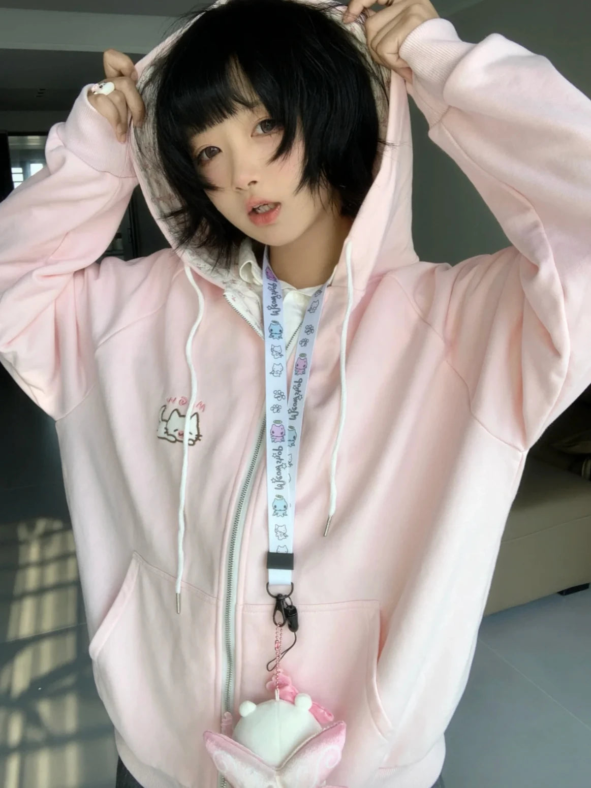 Women's Pink Embroidered Zip-Up Hoodie
