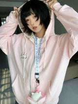 Women's Pink Embroidered Zip-Up Hoodie