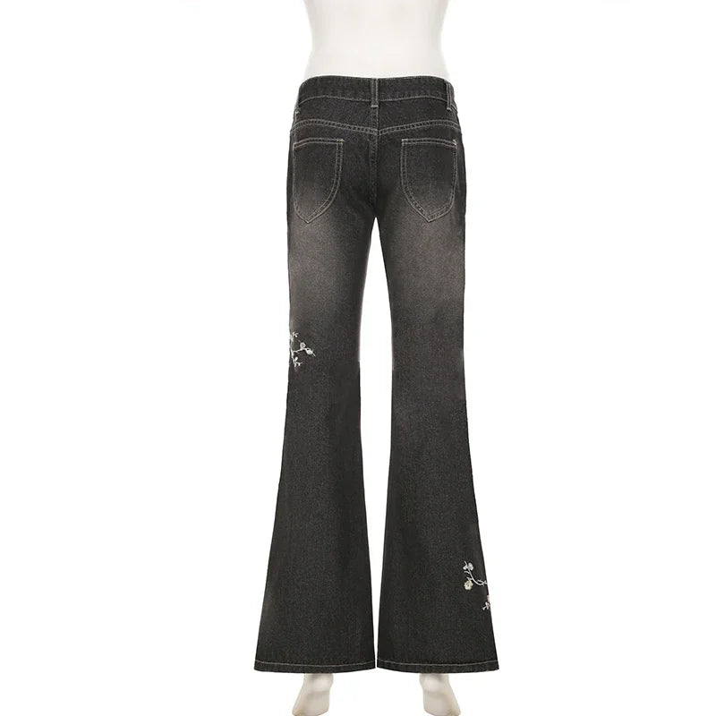 Weekeep Floral Embroidery Low Rise Flared Jeans Women