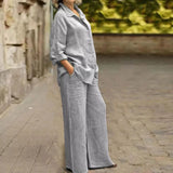 Fashion Cotton Linen Shirt Long Sleeved Women's Set Spring Autumn Loose Cotton  Linen Wide Leg Trousers Female Office 2piece Set