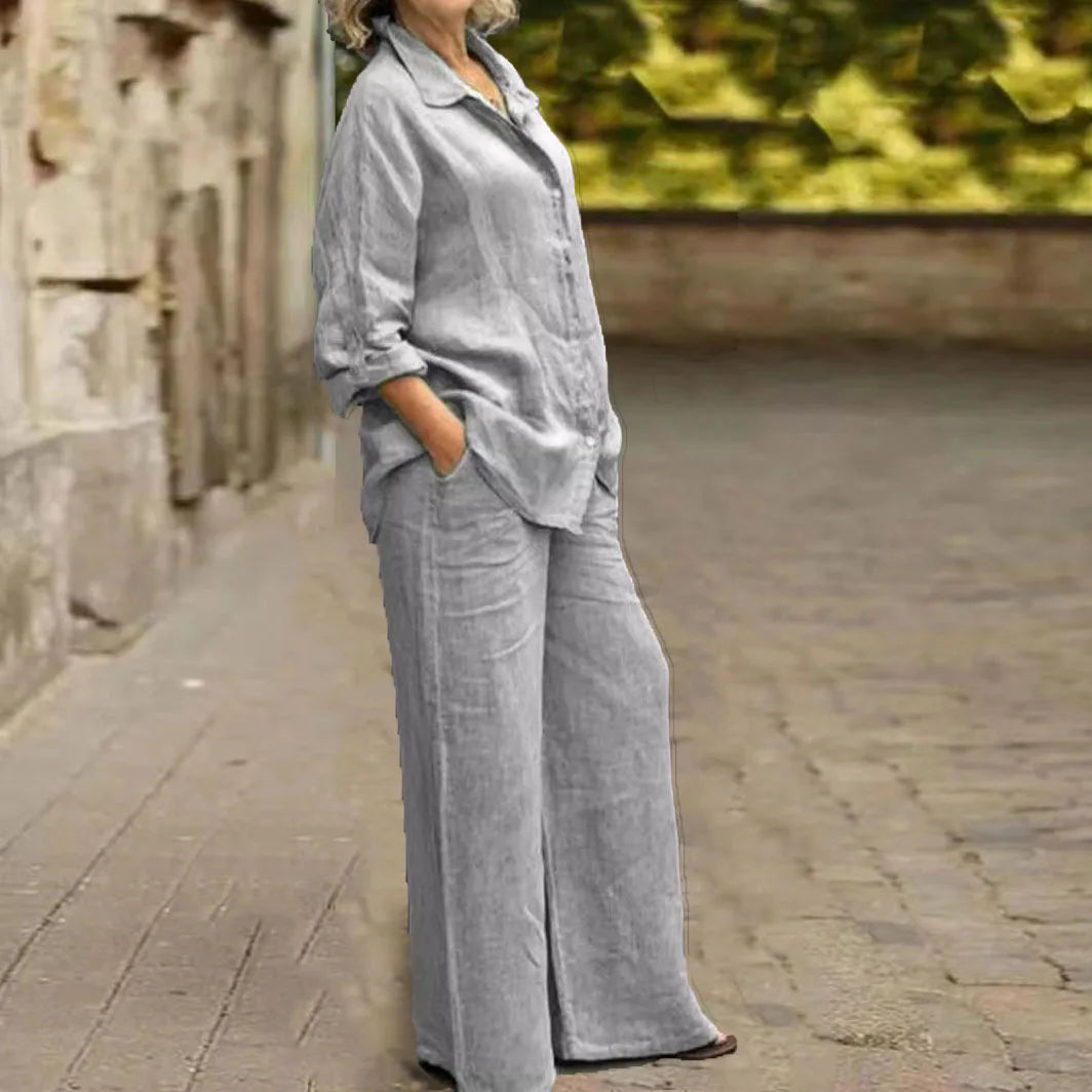 Fashion Cotton Linen Shirt Long Sleeved Women's Set Spring Autumn Loose Cotton  Linen Wide Leg Trousers Female Office 2piece Set