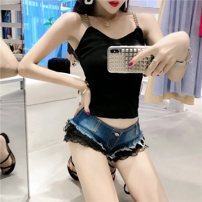 Women's Y2K Low-Waist Lace Denim Shorts - Sweet & Spicy Style