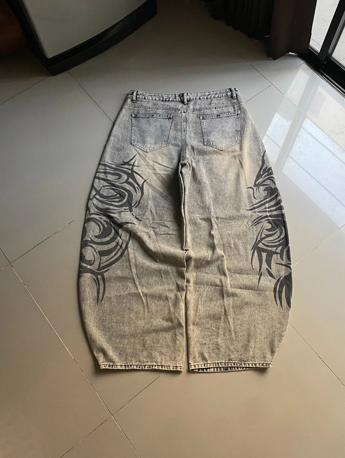 Men’s Y2K Gray Printed Loose-Fit Jeans