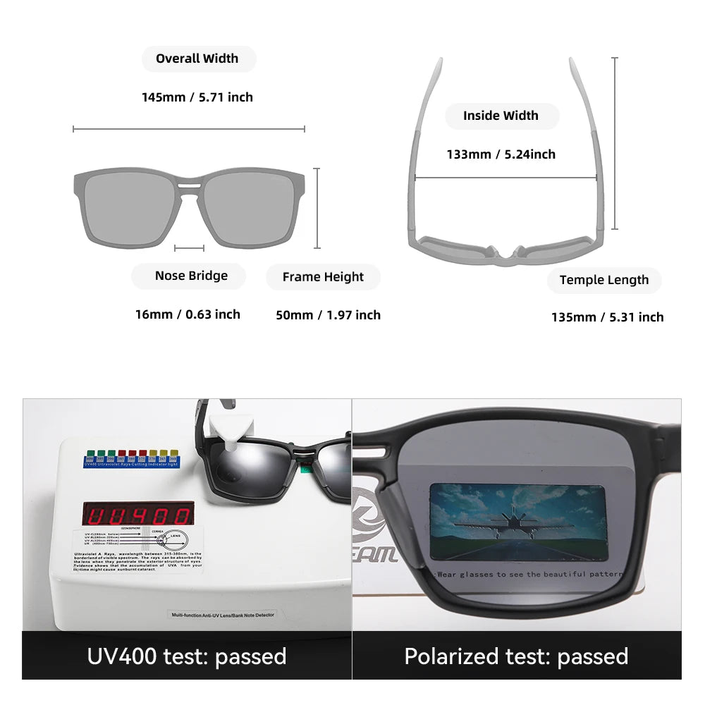 KDEAM New Polarized & Photochromic Sunglasses Unisex Size Square TR90 Sun Glasses For Fishing Golfing Driving Jogging