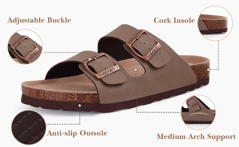 Comwarm Men's Cork Footbed Slides Sandals Arch Support Summer Outdoor Sandals with Adjustable Buckle Leisure Men Leather Slides
