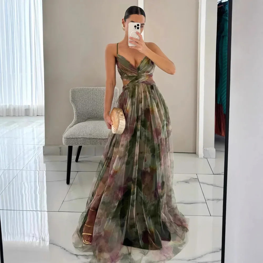 Off-Shoulder Lace Print Halter Maxi
