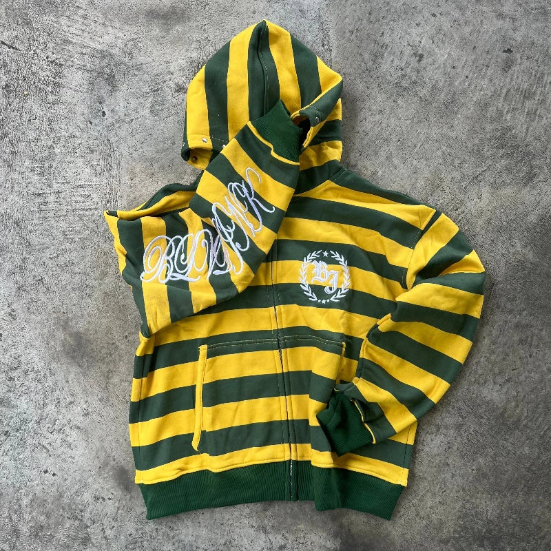 Y2K Striped Zip-Up Hoodie with Embroidery