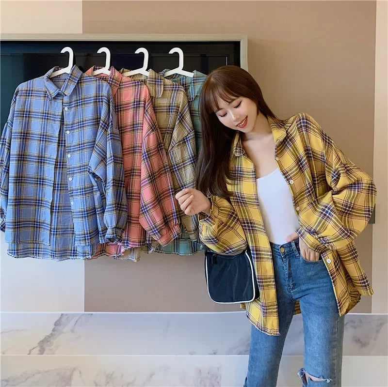 Vintage Plaid Long-Sleeve Blouse