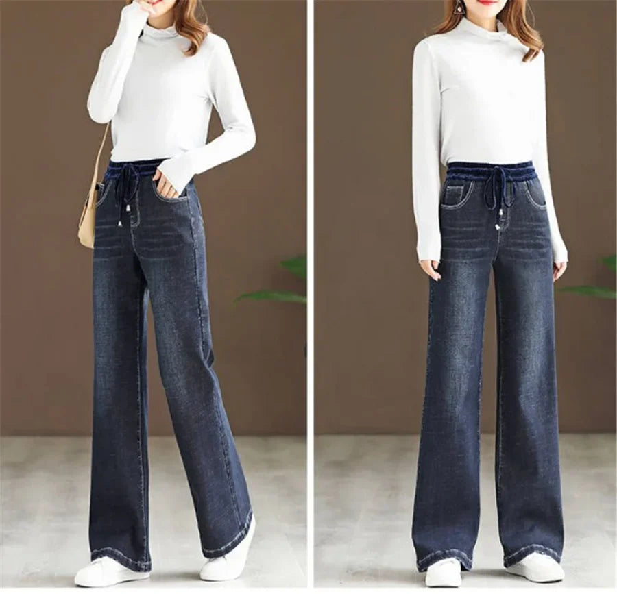 Winter Wide Leg Denim Pants Women Thicken Plush Velvet Lined High Waist Jeans Lace Up Warm Baggy Straight Vaqueros Pantalones