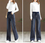 Winter Wide Leg Denim Pants Women Thicken Plush Velvet Lined High Waist Jeans Lace Up Warm Baggy Straight Vaqueros Pantalones