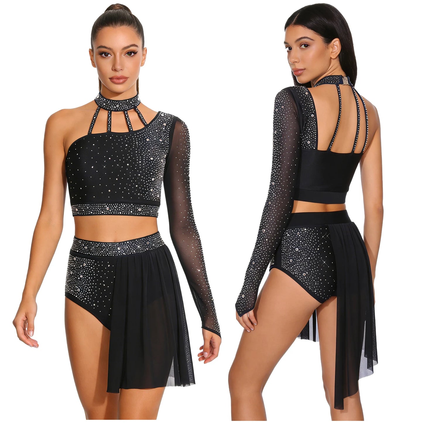 Women's 2-Piece Rhinestone Dance Crop Top & Shorts Set