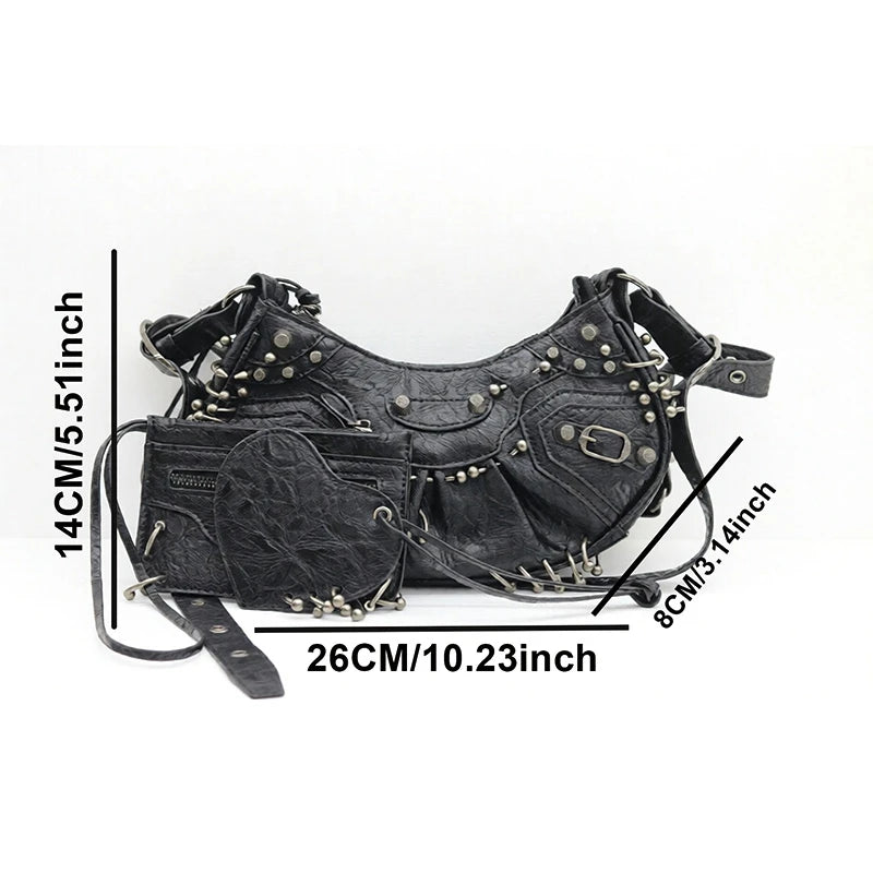  ﻿ 2026 New Women's Fashion Shoulder Bag European Vintage Style Cropped Studded Motorcycle Bag Soft Material Crossbody Design