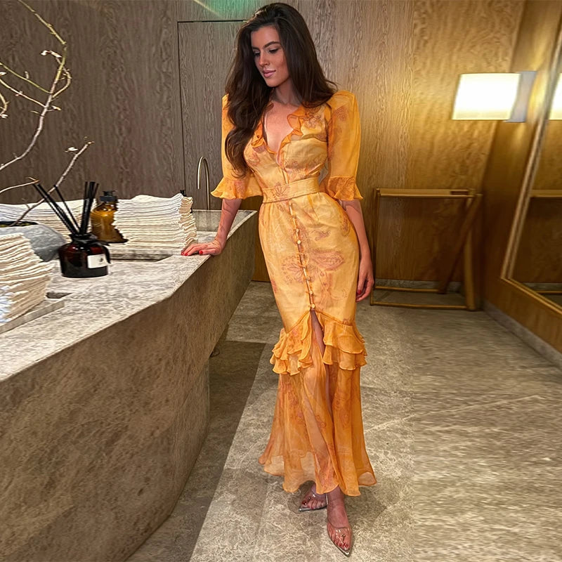 Print Chiffon Long Dress Women V Neck Half Sleeves High Waist Ruffles Belts Split Robe Female 2026 Summer Chic Vacation Dresses