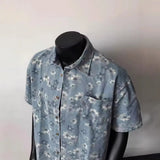 2025 Summer New Floral Short Sleeve Men's Denim Shirt Thin American Retro Layered Wear Outerwear Jacket Breathable Polyester
