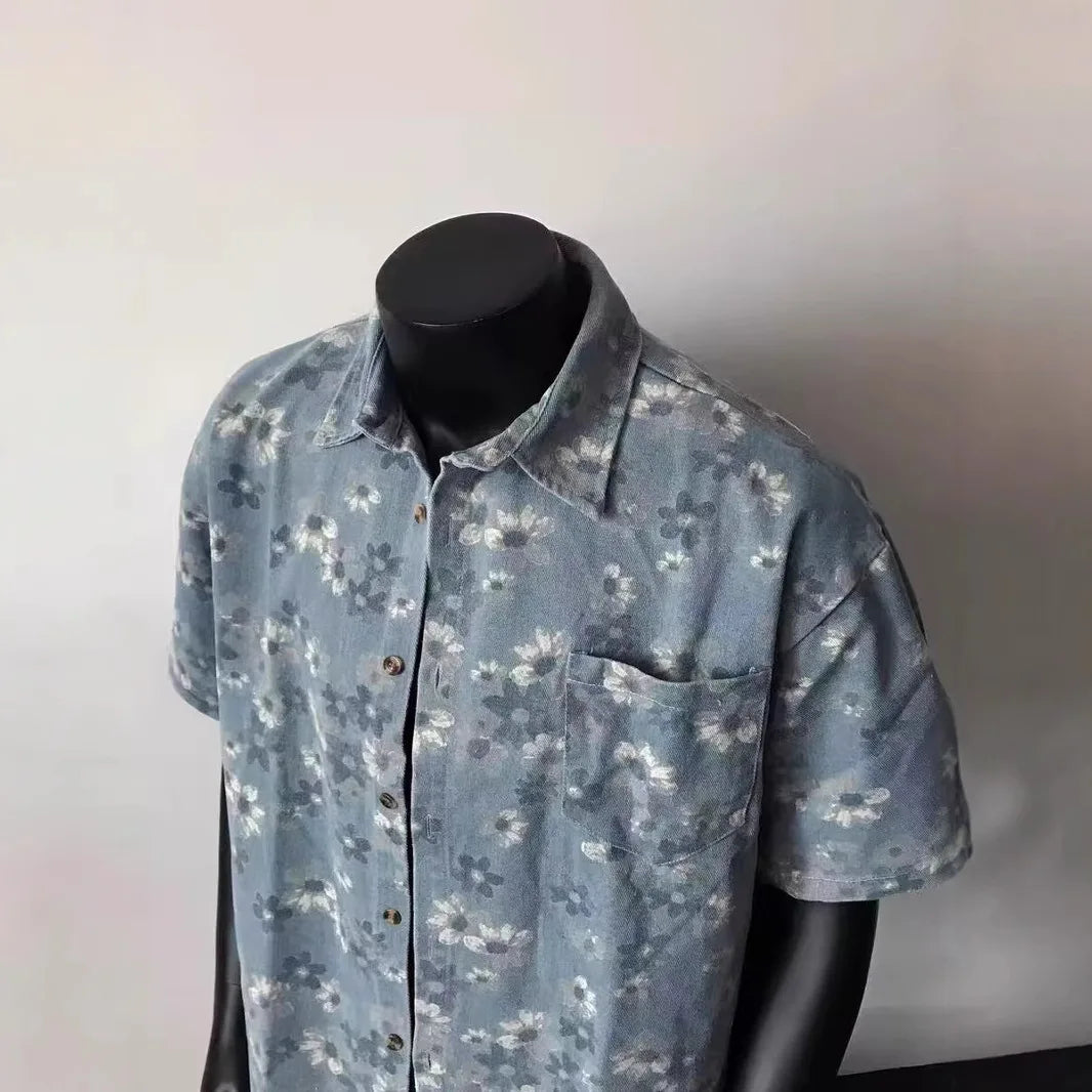 2025 Summer New Floral Short Sleeve Men's Denim Shirt Thin American Retro Layered Wear Outerwear Jacket Breathable Polyester
