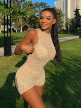 Elegant O-Neck Sleeveless Jumpsuit - Chic Beaded Mesh Mesh Romper in Apricot
