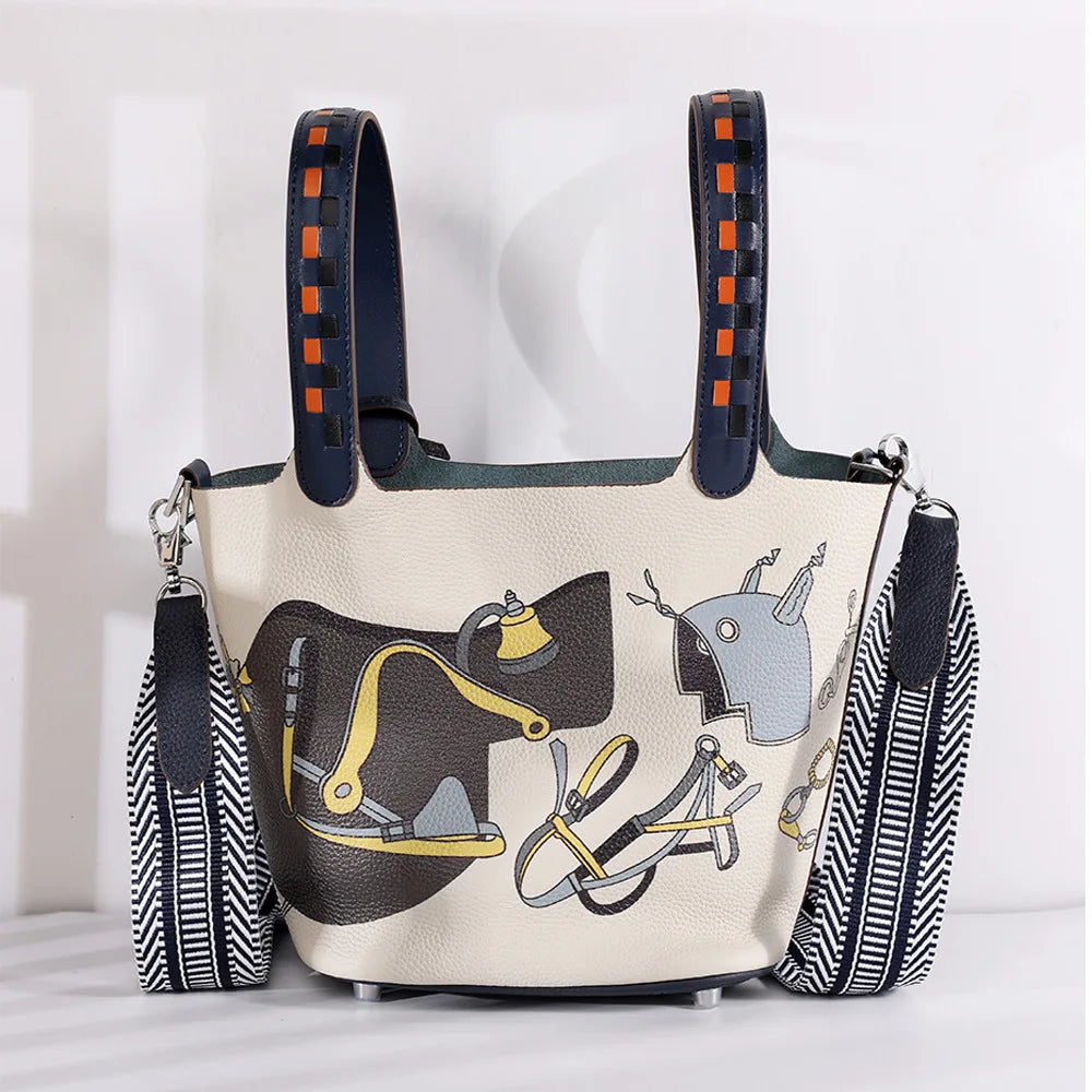 Purses and Handbags Bags for Women Painting Vegetable Basket Handbag Adjustable Shoulder Strap Genuine Leather Bucket Bag