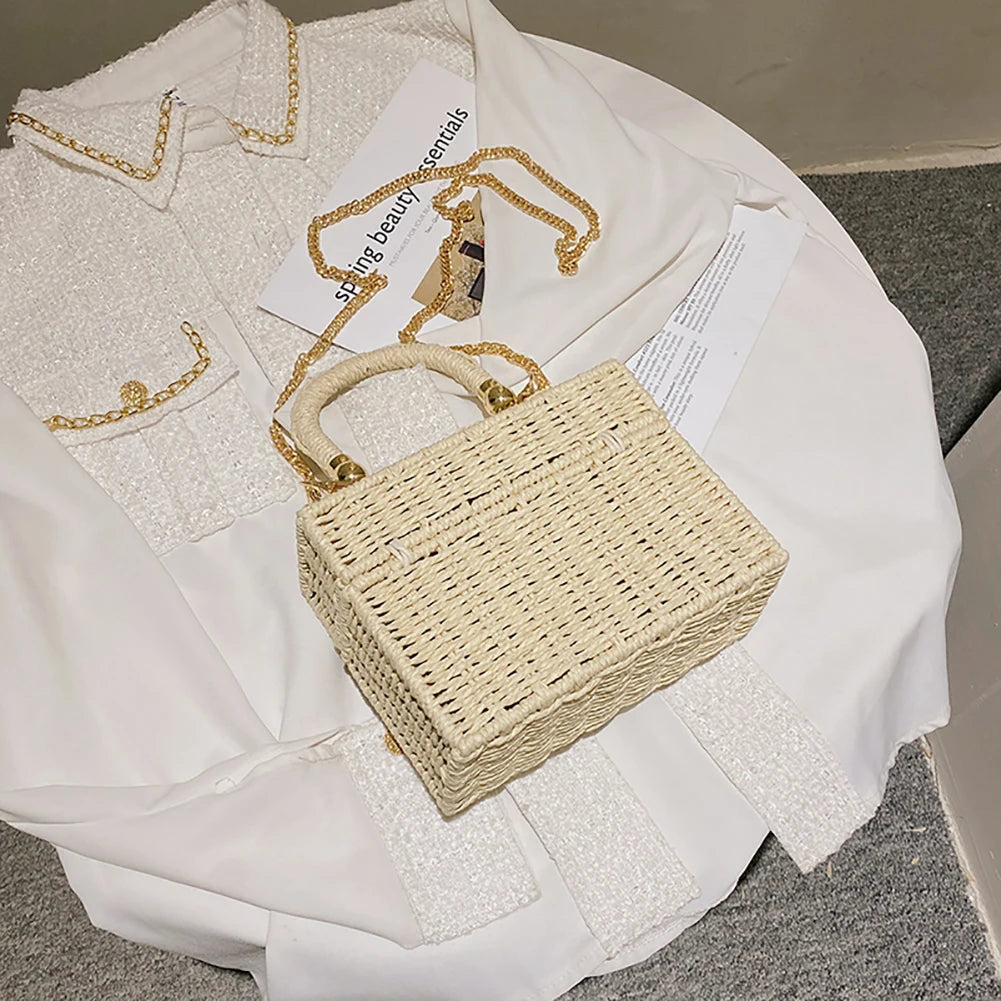 Rattan Straw Shoulder Bag Women Boho Hand-Woven Basket Messenger Pouch Summer Beach Square Box Top-handle Handbag
