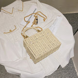 Rattan Straw Shoulder Bag Women Boho Hand-Woven Basket Messenger Pouch Summer Beach Square Box Top-handle Handbag