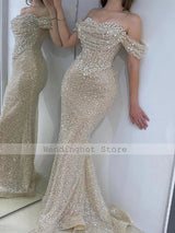 Off-Shoulder Pearl Mermaid Evening Gown | Formal Dress
