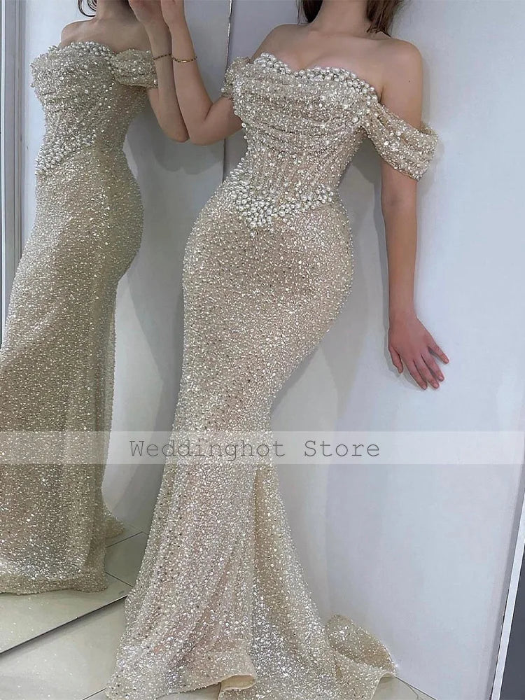 Off-Shoulder Pearl Mermaid Evening Gown | Formal Dress