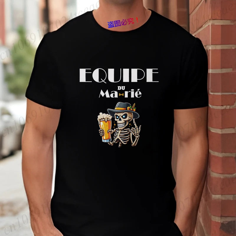 French Funny Single Farewell Bachelor Party T-shirt Wedding Beer Skeleton Tops Evg Team Married Tee Future Groom Man Squad Shirt