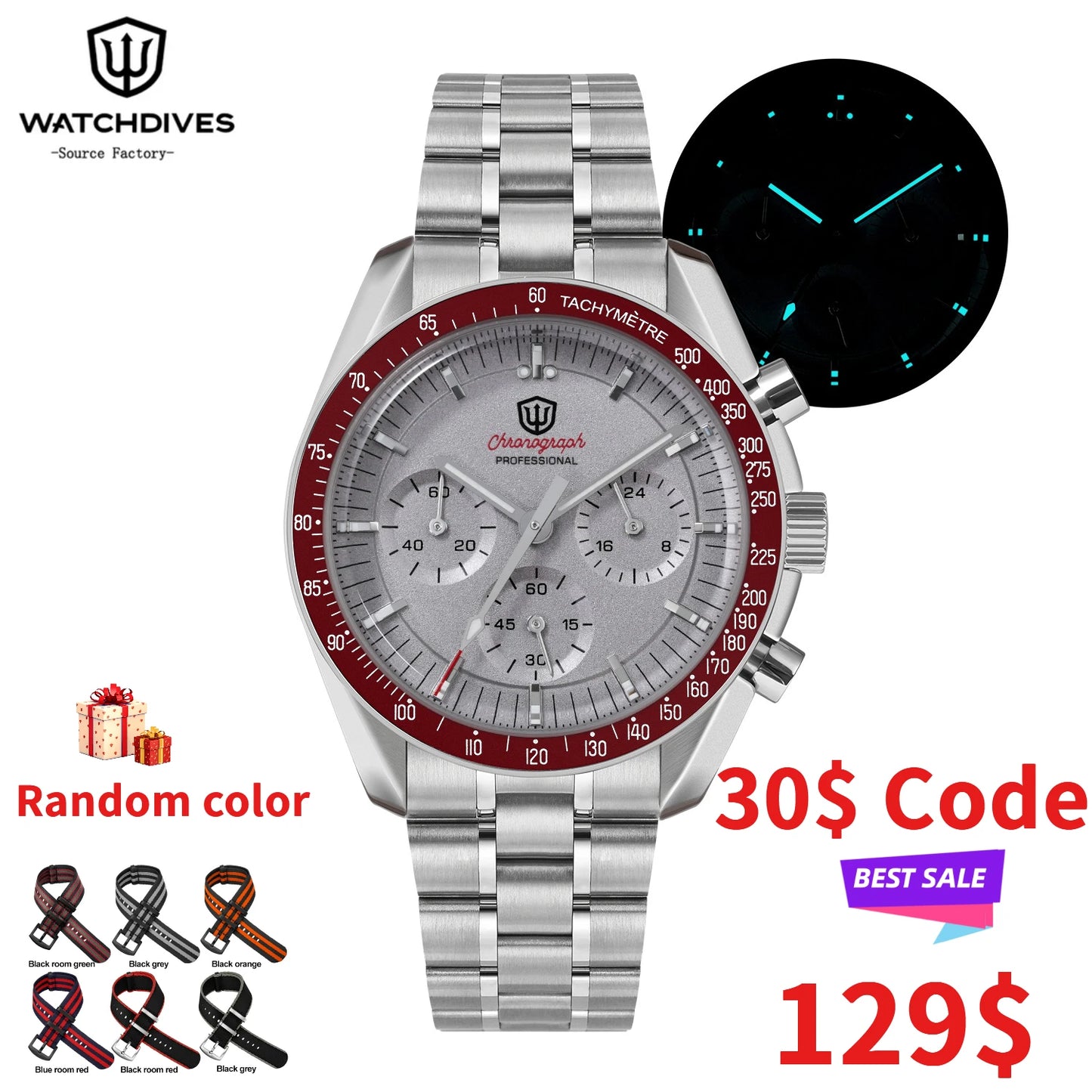 Watchdives WD1863 39mmMen's Watch VK63 Quartz Timing Movement Bubble Sapphire Crystal Night Light Retro Watch 10Bar Waterproof