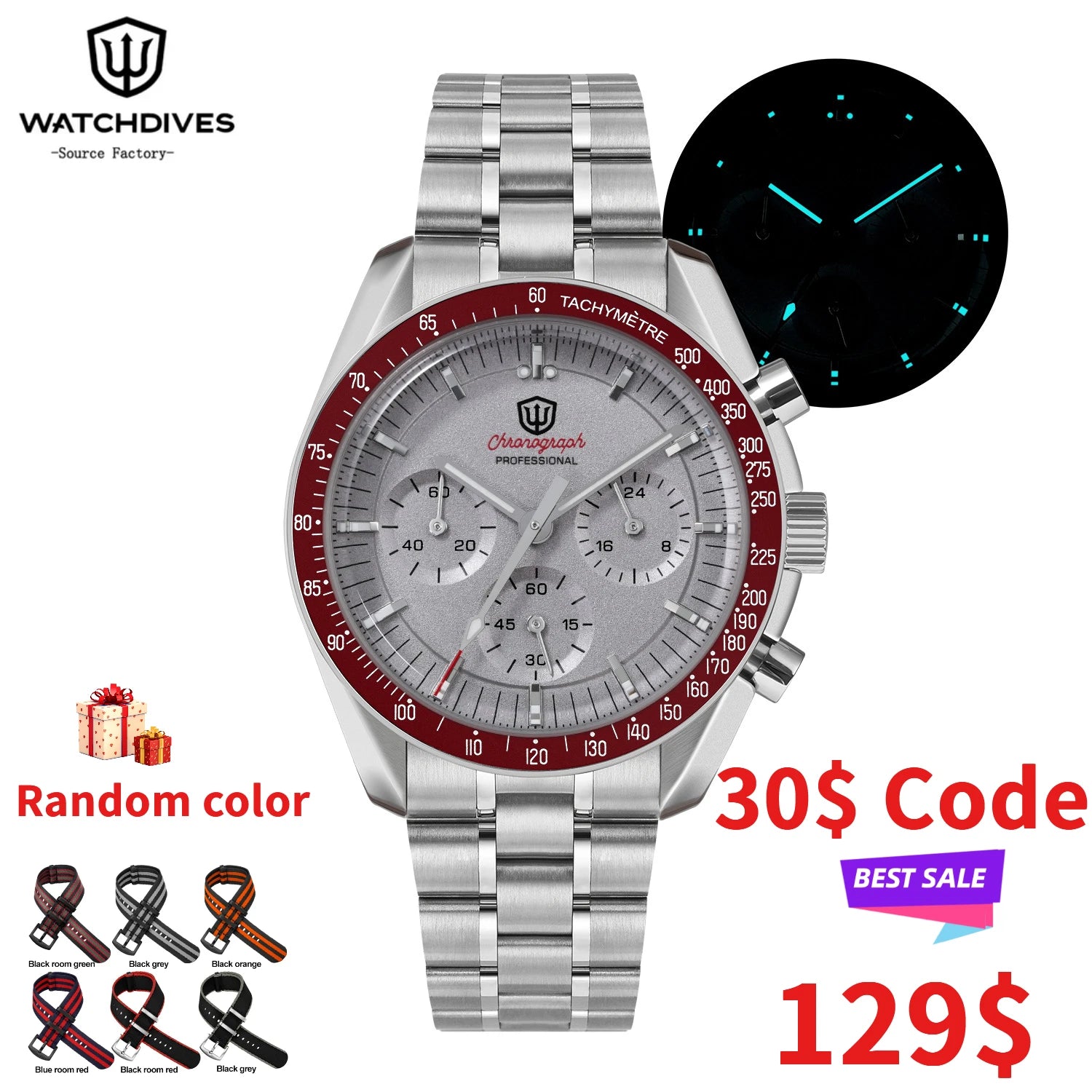 Watchdives WD1863 39mmMen's Watch VK63 Quartz Timing Movement Bubble Sapphire Crystal Night Light Retro Watch 10Bar Waterproof