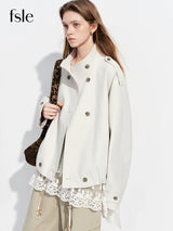 FSLE【Premium Series】Women's Oversize Short Trench Coat Brown Faux Leather Belted Jacket Grey Windbreaker Y2K Retro Outerwear