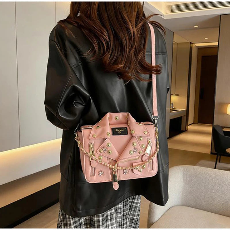 Jacket Collar Shaped Crossbody Shoulder Bag,Women Metal Flower Studded Handbag ,Niche Designer Streetwear Fashion Rivet Tote Bag