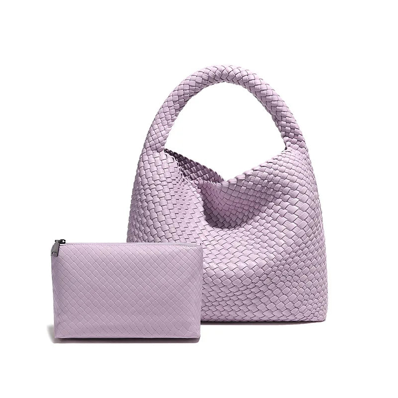 2025 Women Bag Luxury PU Leather Handbag Lady Fashion Handmade Knitting Tote Female Hand-woven Basket Shoulder Bag with Purse