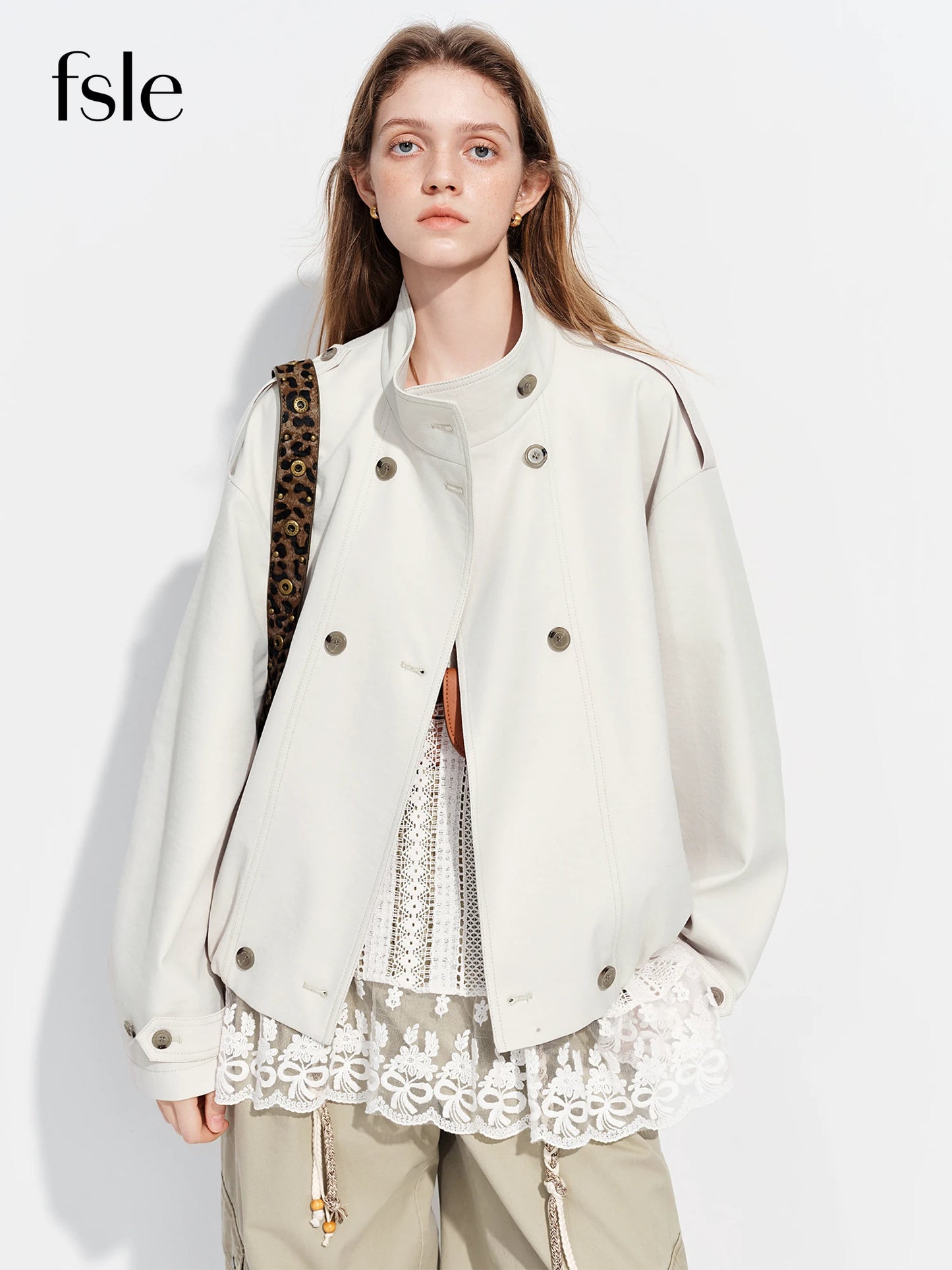 FSLE【Premium Series】Women's Oversize Short Trench Coat Brown Faux Leather Belted Jacket Grey Windbreaker Y2K Retro Outerwear