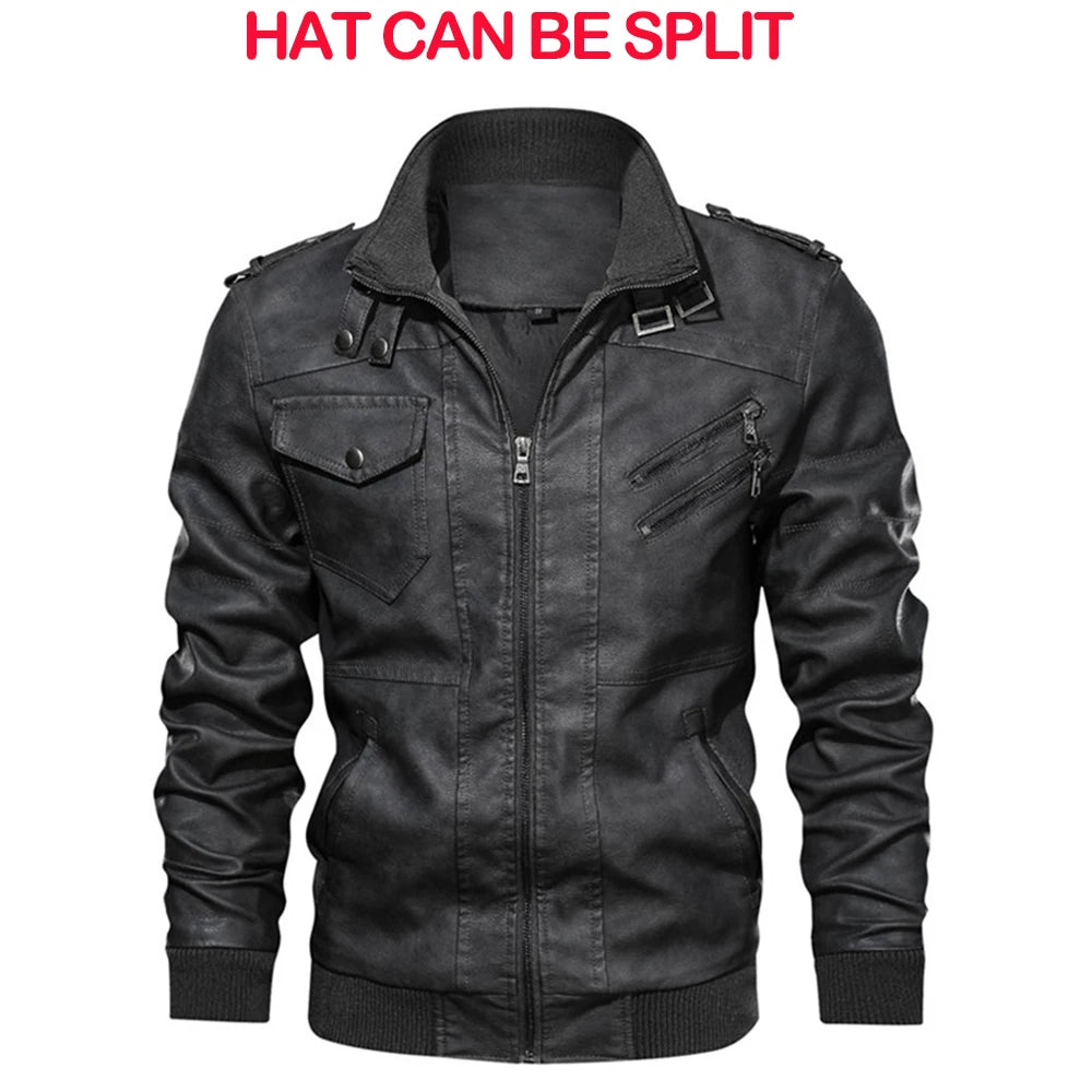 Men's Faux Leather Moto Jacket with Detachable Hood