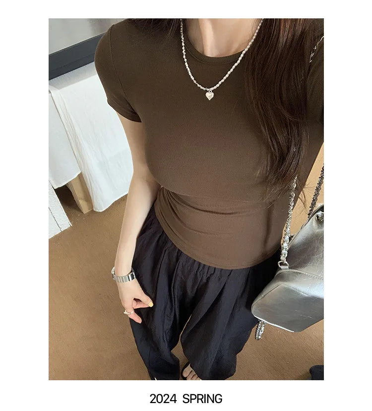 Y2K Vintage Slim Fit Crop Top - Solid Crewneck Short Sleeve Tee