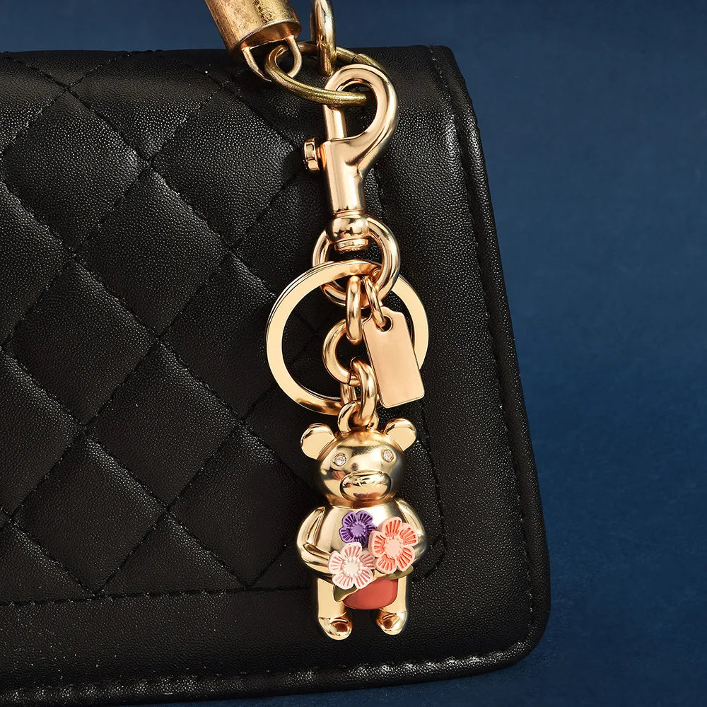 3D Metal Teddy Bear Keychain Heavy Duty Rose Gold Purse Charm Secure Trigger Clasp Accessory for Women Handbag Holiday Presents