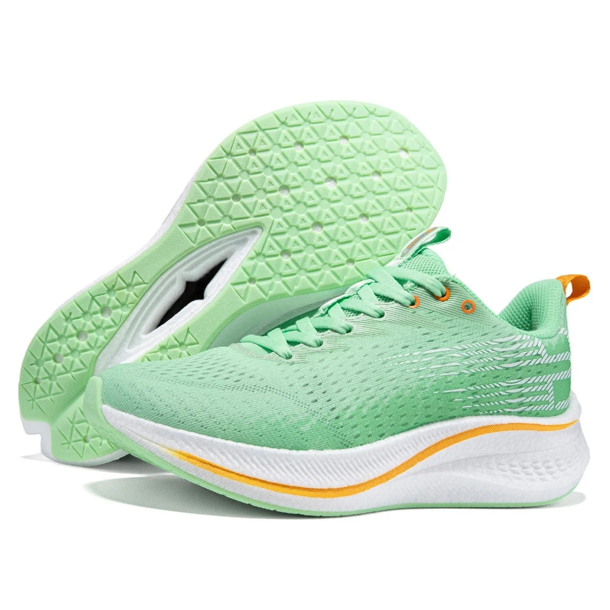 Green running shoes with white soles and orange accents on a white background, featuring the brand 'baasploa'.