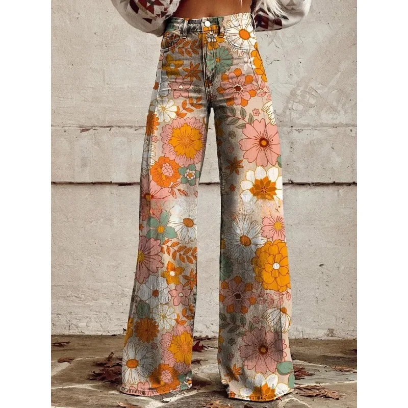 Women's 3D Print Wide-Leg "Jeans" – Trendy Low-Waist Flare Pants