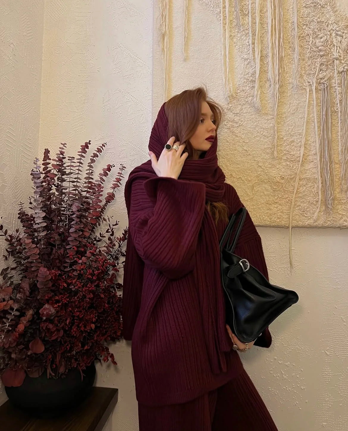 Hirsionsan Soft Elegant Vintage Women Suits 3 Pieces Female Sets O Neck Sweater & Wild Leg Pants with Scarf Knitted TrackSuit