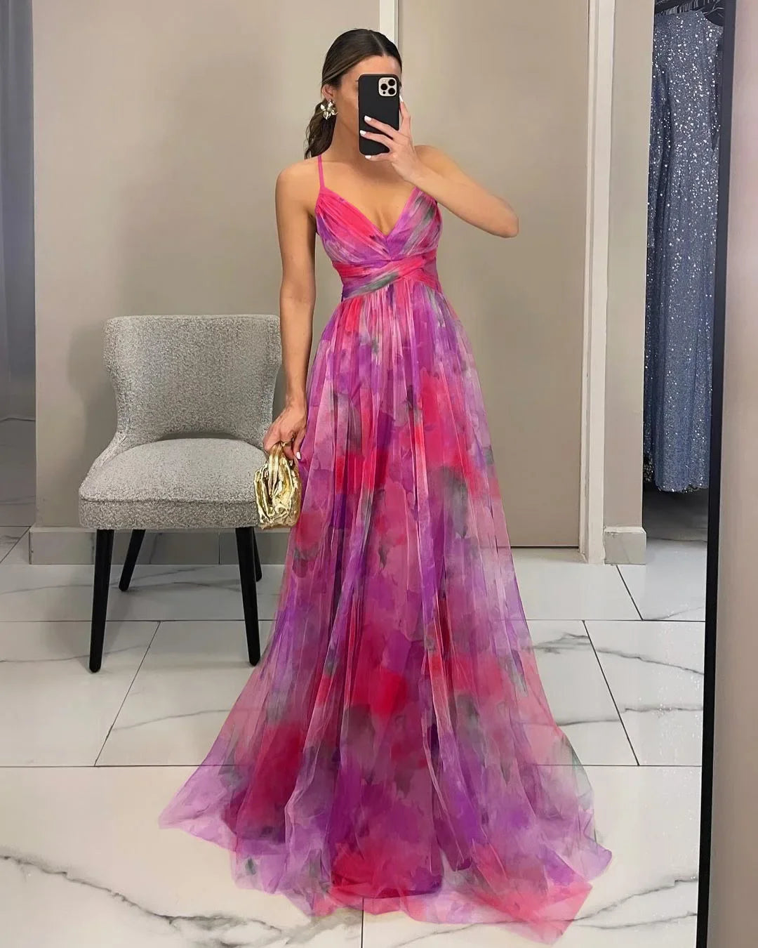 Off-Shoulder Lace Print Halter Maxi