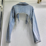 USA-Made Rhinestone Tassel Denim Jacket | Crystal Fringe Backless Festival Coat