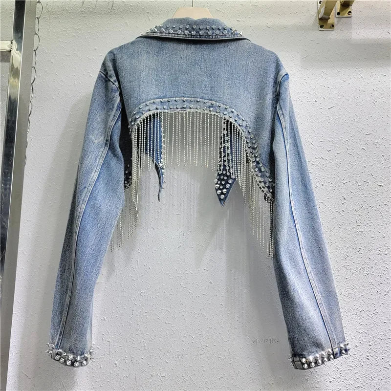 USA-Made Rhinestone Tassel Denim Jacket | Crystal Fringe Backless Festival Coat