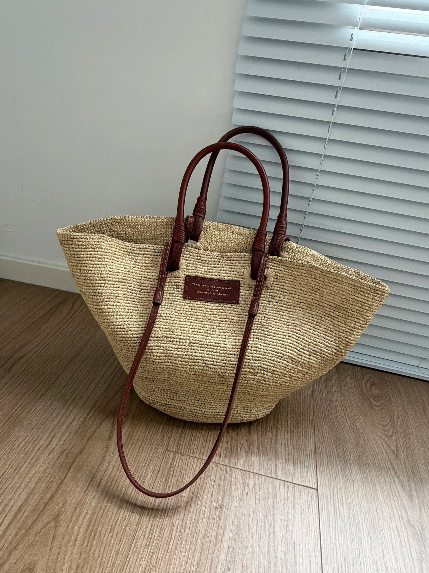 Women's Large Capacity Shoulder Bag Summer Lafite Straw genuine leather Woven Handbag Fashion Female Luxury Designer Beach Bag