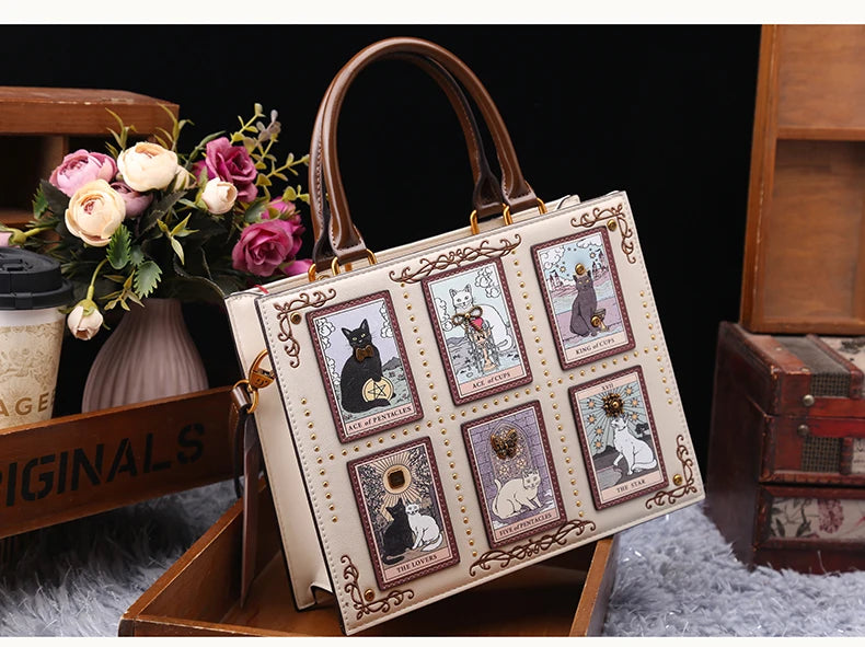 Vintage Luxury Leather Tote – Designer Cat Embroidery Shoulder Bag