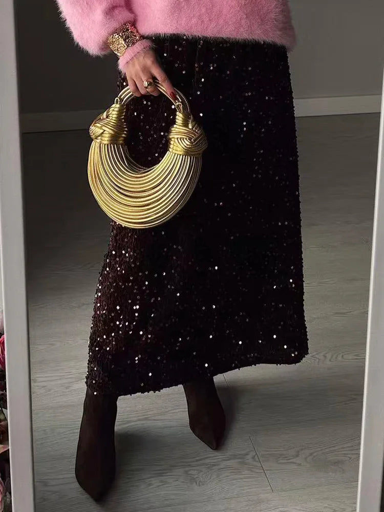 High Waisted Sequin Maxi Skirt Women Elegant Shiny Straight Skirts With Slit Summer Spring Black Long Sequin Skirt For Women