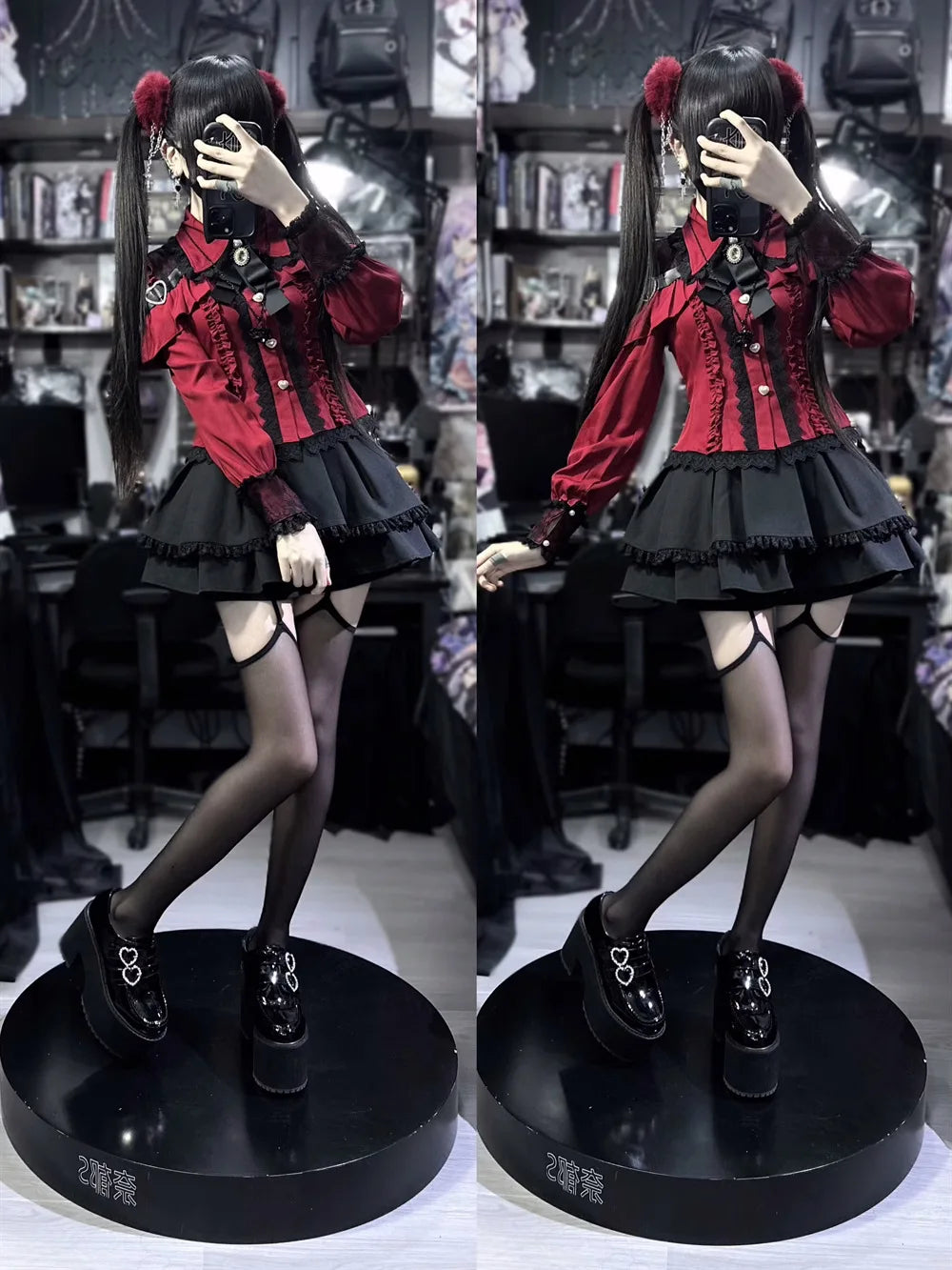 Women‘s Lolita Set Dark Femme Mesh Top & Waist Cinching Skirt, 2025 Autumn Japanese Street Style Coord for Gothic Baddie Fashion