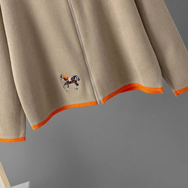 USA-Made Luxury Wool 2-Piece Set: Embroidered Horse Knit Jacket & Pants